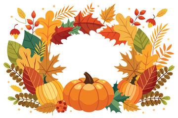 Naklejka premium Autumnal Wreath with Pumpkins and Colorful Leaves