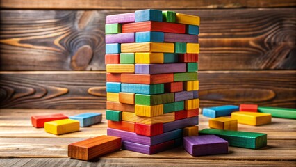 Vibrant colorful wooden blocks stacked precariously high in a jenga game setup on a modern rustic wooden table background.