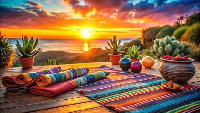 Vibrant tropical sunset yoga latina-inspired background with colorful serape blankets, maracas, and succulents surrounding a serene meditation space.