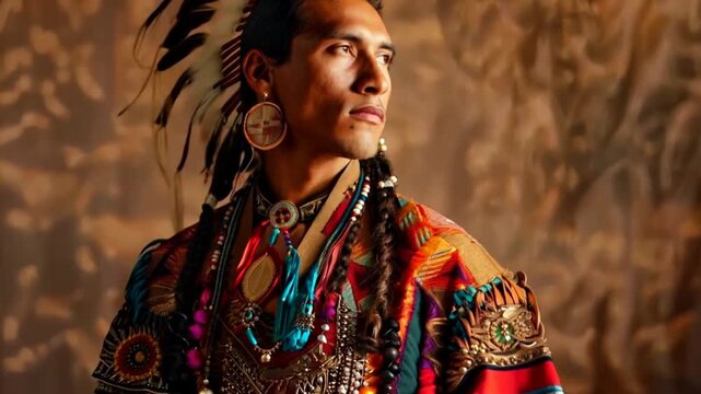 A Native American man adorned in traditional cultural jewelry stands proudly in a studio setting, exuding heritage and elegance.
