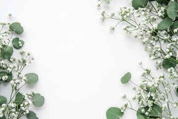Fototapeta premium Minimalistic Flat Lay with Baby’s Breath and Eucalyptus Leaves on White Background, Perfect for Wedding Card Mockup Design