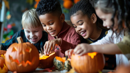 Fototapeta premium Happy kids are carving Jack-o'-lantern pumpkins together for the Halloween event. Halloween event in a school.