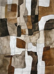Abstract artwork featuring interlocking shapes in warm browns and contrasting whites.
