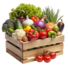 Vegetables on wooden box isolated on transparent background