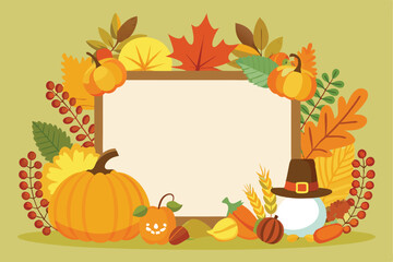 Autumnal Frame with Pumpkins, Leaves, and a Pilgrim Hat