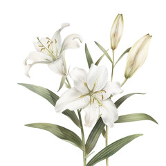 Elegant Botanical Illustration of Beautiful White Lilies with Green Leaves and Buds