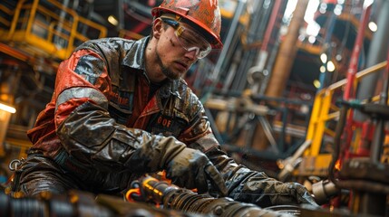 Industrial Worker Performing Precision Maintenance on Equipment in Oil Rig During Daytime. Generative AI