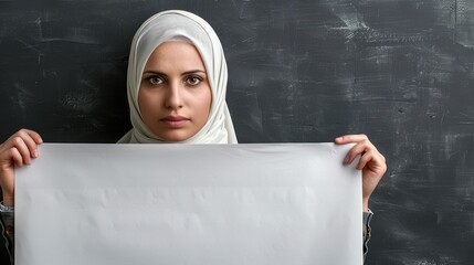 Woman in a white hijab holding a blank banner in front of a chalkboard, suitable for educational or promotional content.