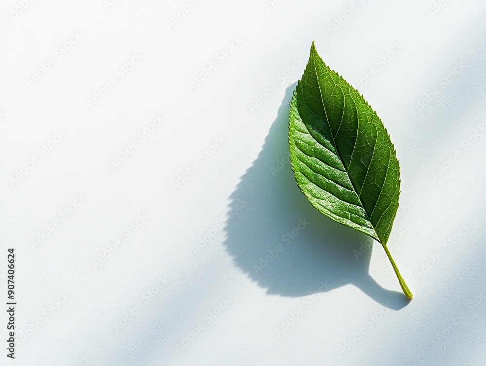 Poster single green leaf casting a shadow on a clean white background, creating a minimalistic and beautifu