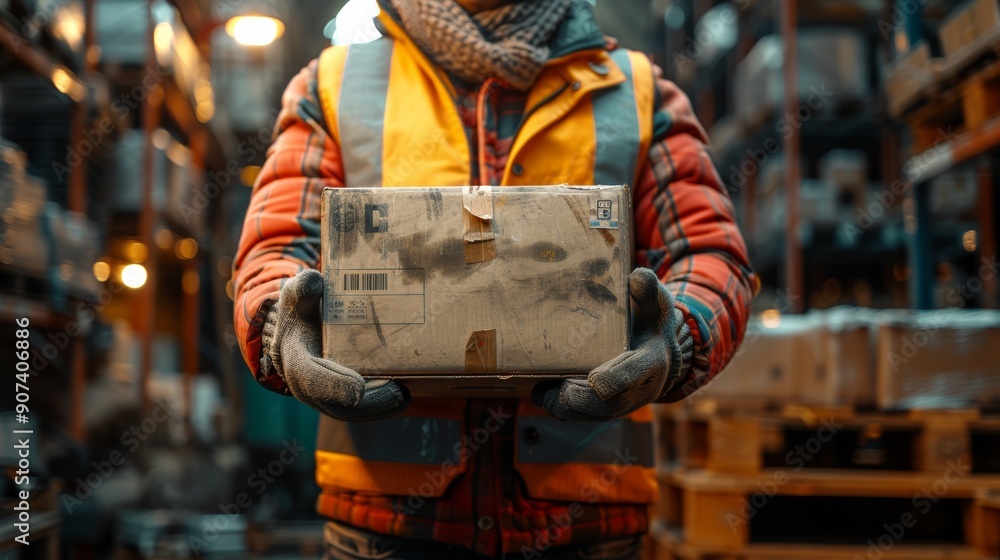 Poster warehouse worker holding package in busy distribution center during late afternoon. generative ai