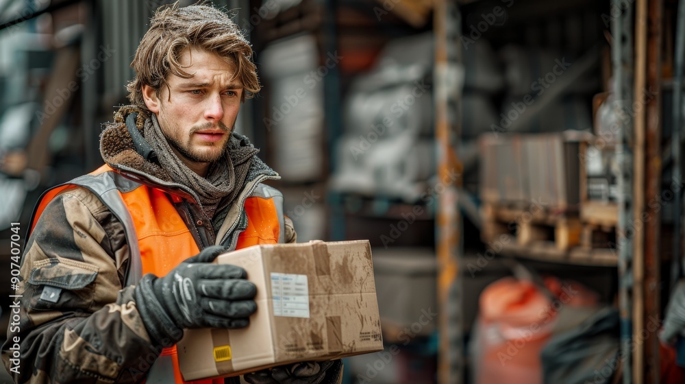 Poster young worker handling package in a warehouse during overcast daytime conditions. generative ai