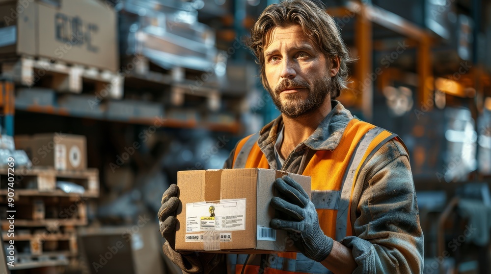 Poster warehouse worker sorting packages during afternoon shift in busy distribution center. generative ai