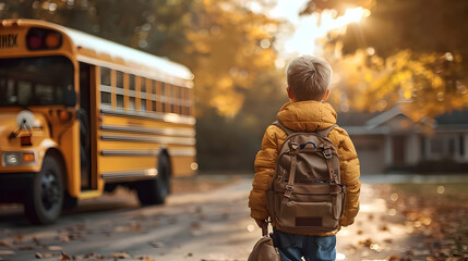 Boy Walking to School Bus in Autumn