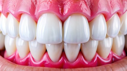 Macro shot of healthy teeth gums smiling dental hygiene concept with bright white enamel and pink fleshy gingiva background