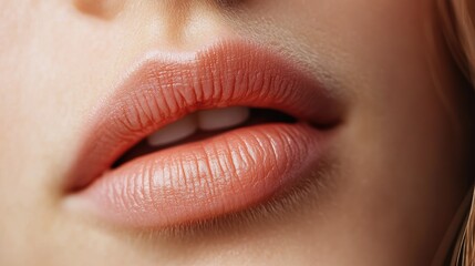 Fototapeta premium Detailed close-up of natural pink female lips, capturing their soft texture and delicate beauty