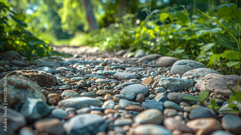 Poster Ground-Level View of Pebble-Covered Natural Trail with Rough Textures and Patterns