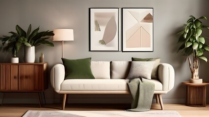 "Cozy living room with a white sofa, wooden sideboard, and green stand. Lush plants, a stylish lamp, and a mock-up poster frame add a personalized, inviting touch."