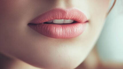 Naklejka premium Natural pink female lips in a close-up shot, emphasizing their soft texture and natural look
