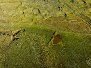 Aerial view of beautiful high altitude grassland and lake
