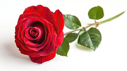 Fototapeta premium Single beautiful red rose isolated on a white background, showcasing its vibrant color and delicate petals