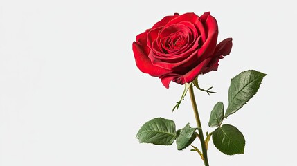 Single red rose, isolated on a light background, showcasing its vibrant petals and lush green stem