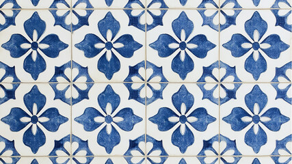 Fototapeta premium Blue and white floral tile background.