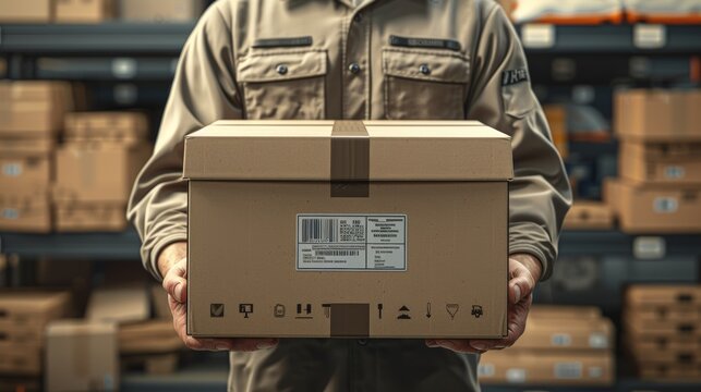 Delivery Personnel Holding a Brown Package in Warehouse During Daylight Hours. Generative AI