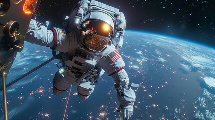 Astronaut Floating in Space Above Earth During a Spacewalk at Night. Generative AI