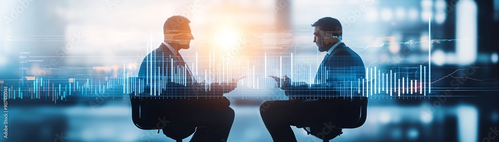 Poster two financial advisors discuss data on a large screen showing the comparison between hedge funds and