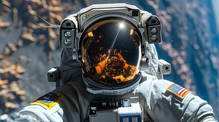 Astronaut Floating in Space With Earth Reflections in Helmet Near International Space Station. Generative AI
