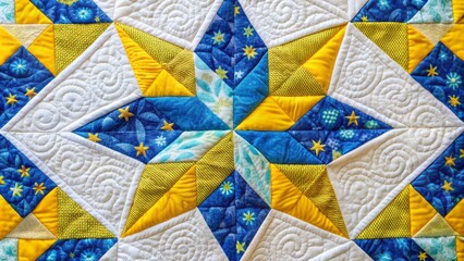 Fototapeta premium vibrant quilt star pattern with bright yellow and blue fabrics on a soft white background with subtle texture details
