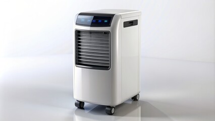 Fototapeta premium Modern sleek portable air conditioner on white background with wheels and digital display surrounded by cool mist and refreshing shadows.