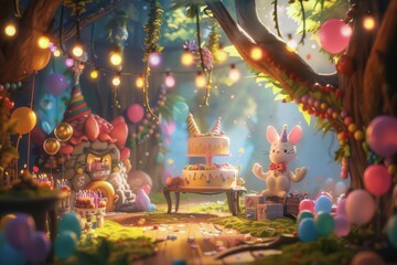 Fototapeta premium A whimsical scene of a magical birthday party, AI generated