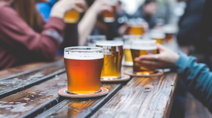 Close up shot of a glass of beer on a wooden table, with a blurry background of a group of people enjoying drinks at a bar.