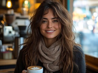 A woman holding a cup of coffee in a coffee shop