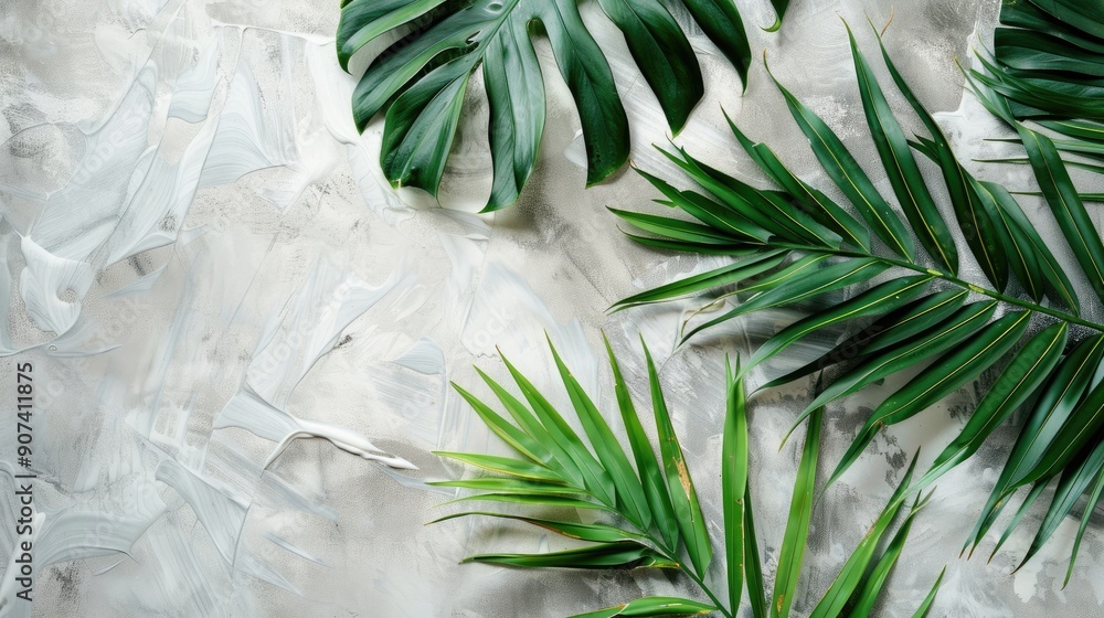 Poster summer themed composition with palm leaves on marble paper set on a soft gray backdrop concept evoke