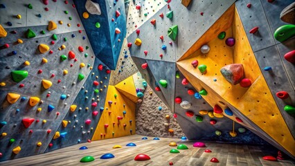 Breathtaking angled view of a towering indoor rock climbing wall with vibrant multicolored holds against a rugged stone textured background.