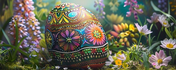 An intricately decorated Easter egg, painted in vibrant colors and patterns, set against a background of delicate spring flowers and greenery.