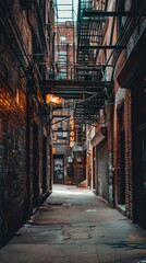 Fototapeta premium Narrow alleyway in the city with brick walls and a sign.