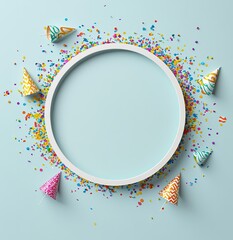 Round White Frame with Colorful Confetti and Party Popper on Light Blue Background, Ideal for Festive and Celebration Designs