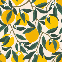 Tropical seamless pattern with blooming yellow lemons on branch. Fruit repeated background. Vector bright print for fabric or wallpaper.