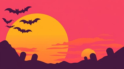 Halloween Sunset with Bats and Graveyard Silhouette