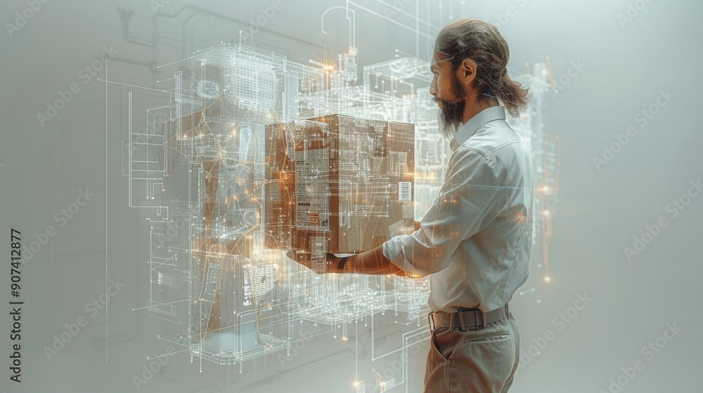 Poster man holding package while surrounded by digital technology display in modern warehouse environment. 