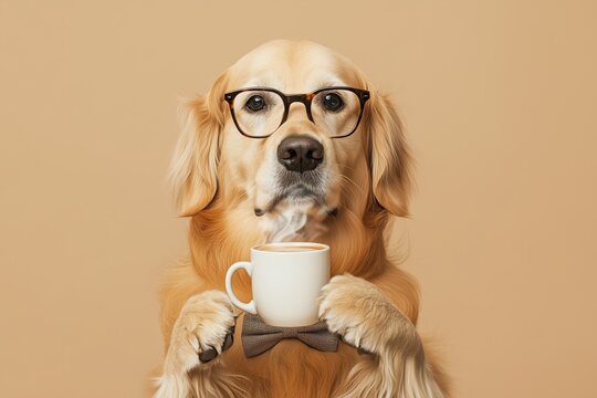 Golden retriever wearing glasses and a bow tie, holding a steaming coffee mug against a neutral background.