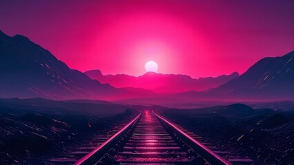 railway in the mountains with pink ambience 