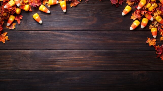 Candy Corn & Autumn Leaves Border: A rustic, wooden backdrop adorned with a border of candy corn and autumn leaves, perfect for fall festivities, Halloween celebrations, or Thanksgiving gatherings.  