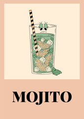 Groovy character mojito. Retro summer poster with popular alcoholic cocktail. Vintage vector illustration in 70s, 80s style
