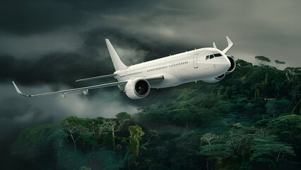 A sustainable biofuel initiative illustrates a white airplane flying over dense greenery, showing a top-down view of the aircraft and its jet engines with a backdrop of a murky,  Generated ai
