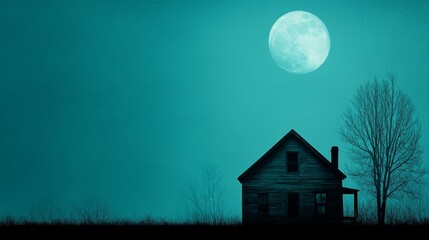 Eerie Moonlight: A solitary, dilapidated farmhouse stands under a luminous full moon, casting a haunting silhouette against the nocturnal sky. Its weathered facade and bare branches evoke a sense of m