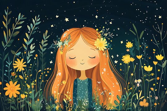 Night scene with young woman in a forest with a star